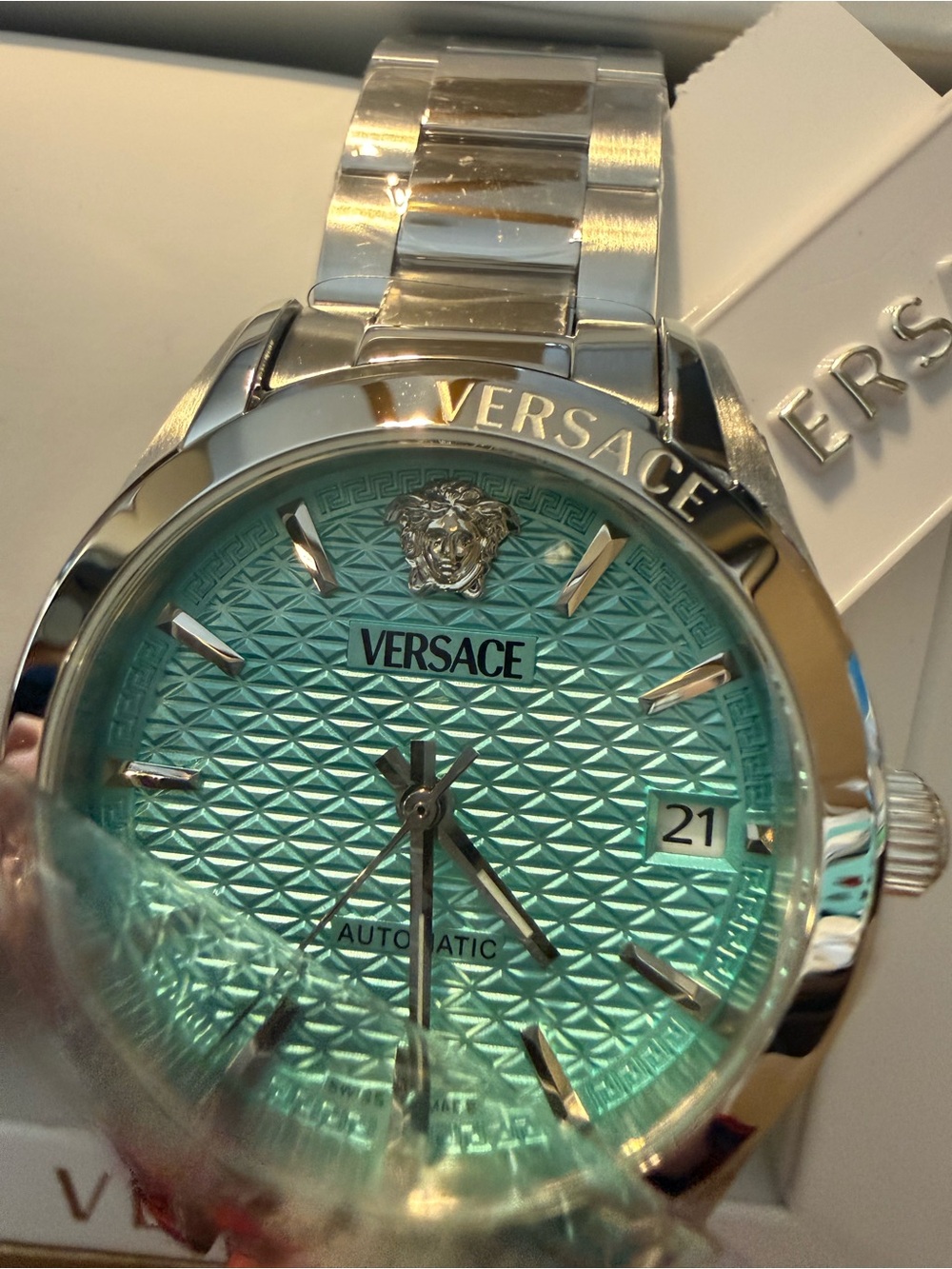 Versace Men's Silver Watch with Turquoise Dial - Picture 8 of 14
